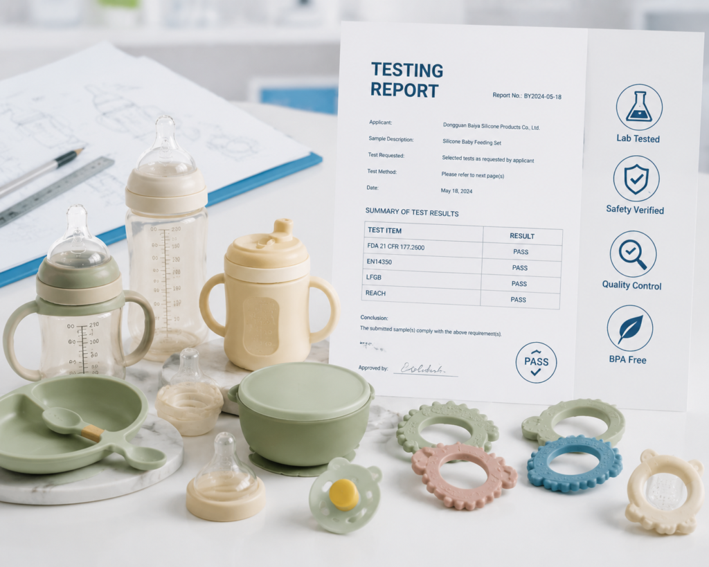 Silicone baby product testing support for baby bottles, teethers, pacifiers and feeding sets