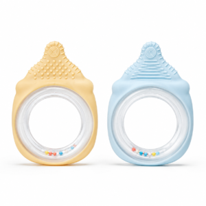 Beige and light blue silicone baby rattle teethers with dual-texture surfaces and built-in rattle beads