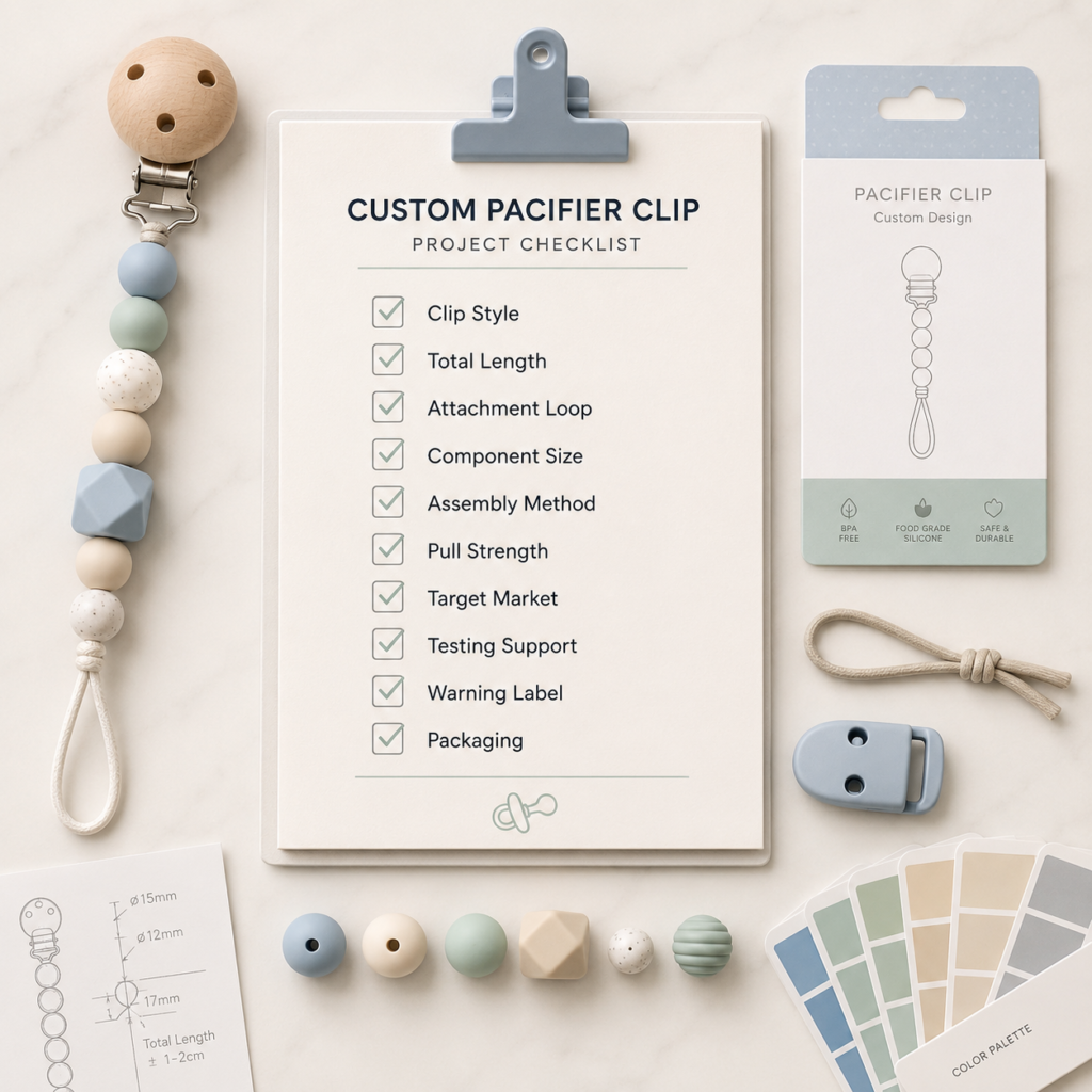 Custom pacifier clip OEM checklist for total length clip strength small parts assembly and packaging