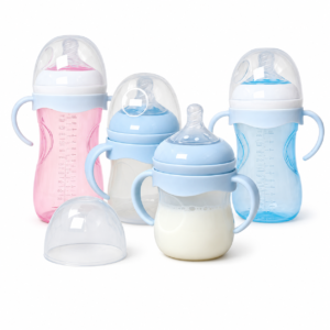 Custom PP baby bottles with handles in pink and blue for OEM and private label projects
