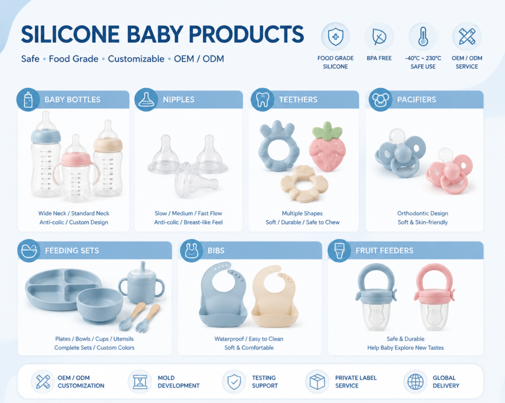 Custom silicone baby products including baby bottles teethers pacifiers and feeding sets