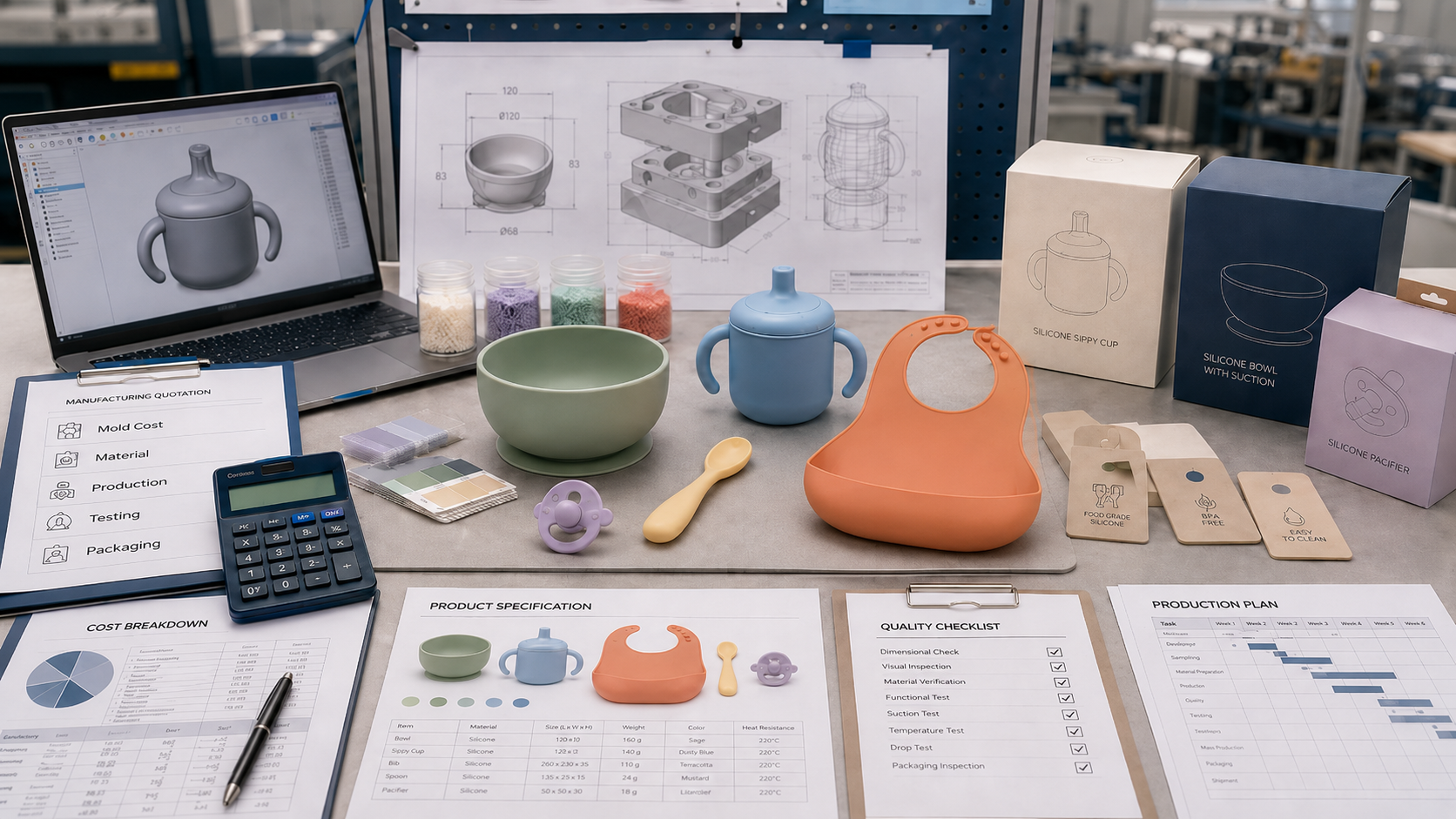 Custom silicone baby products cost analysis showing mold development, materials, production, testing and packaging factors in China.