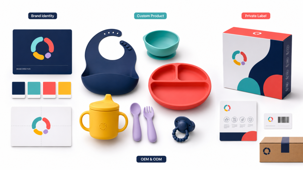 Private label silicone baby products with retail packaging barcode instructions and market launch preparation