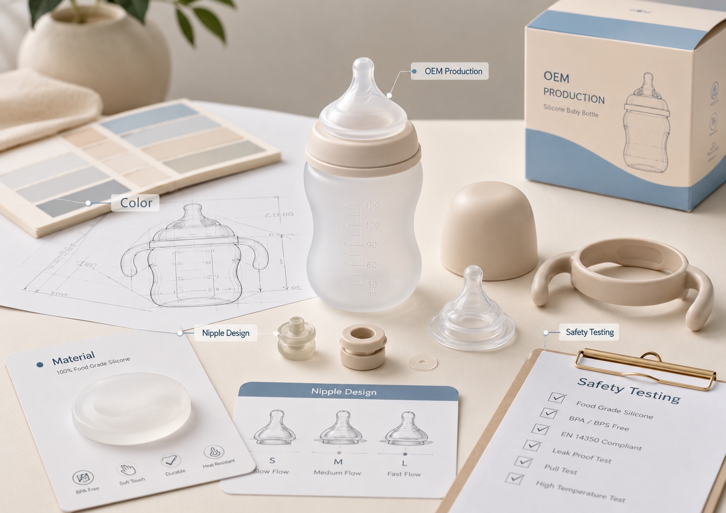 Silicone baby bottle OEM manufacturer guide for material safety nipple design and production