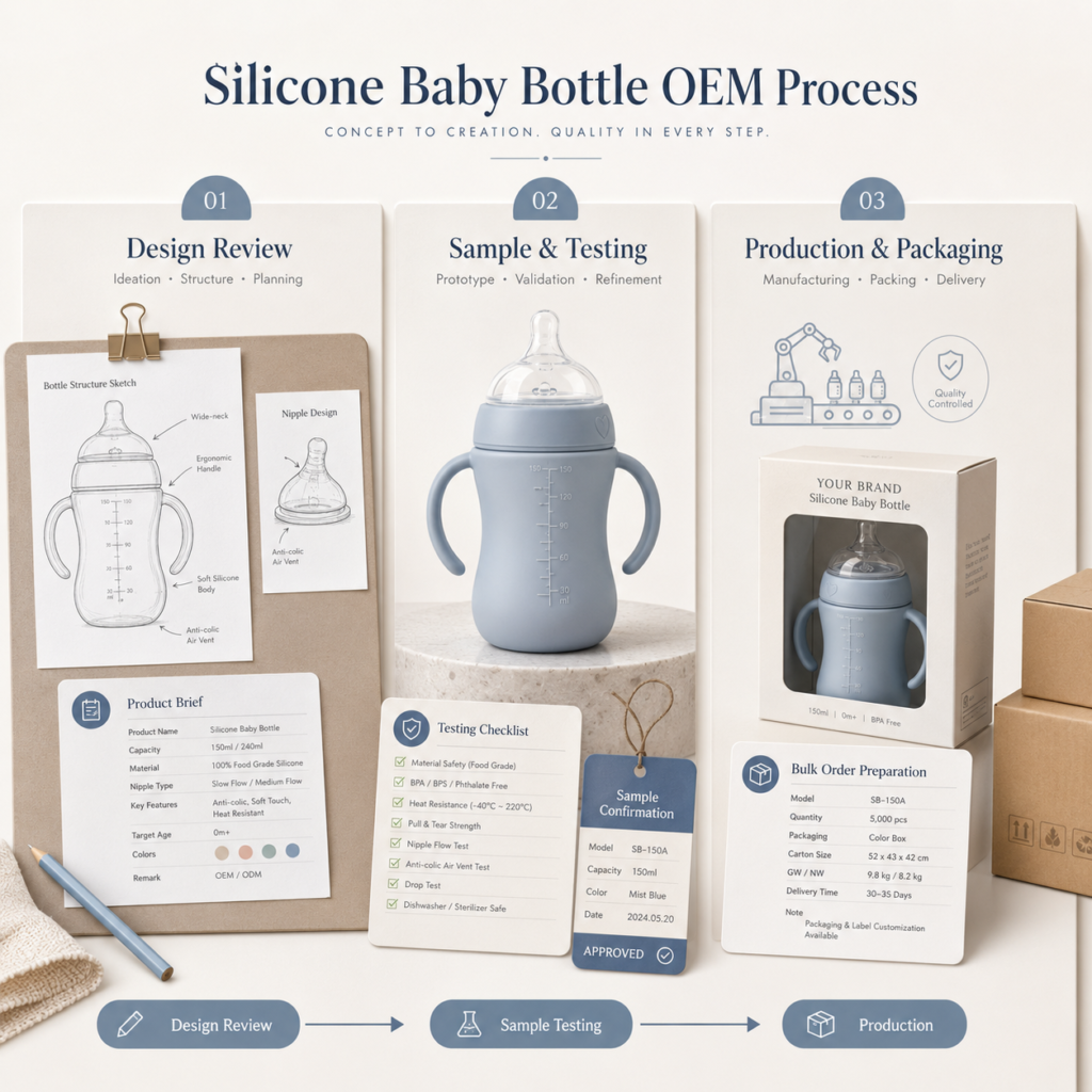 Silicone baby bottle OEM process from design review and sample testing to production and packaging