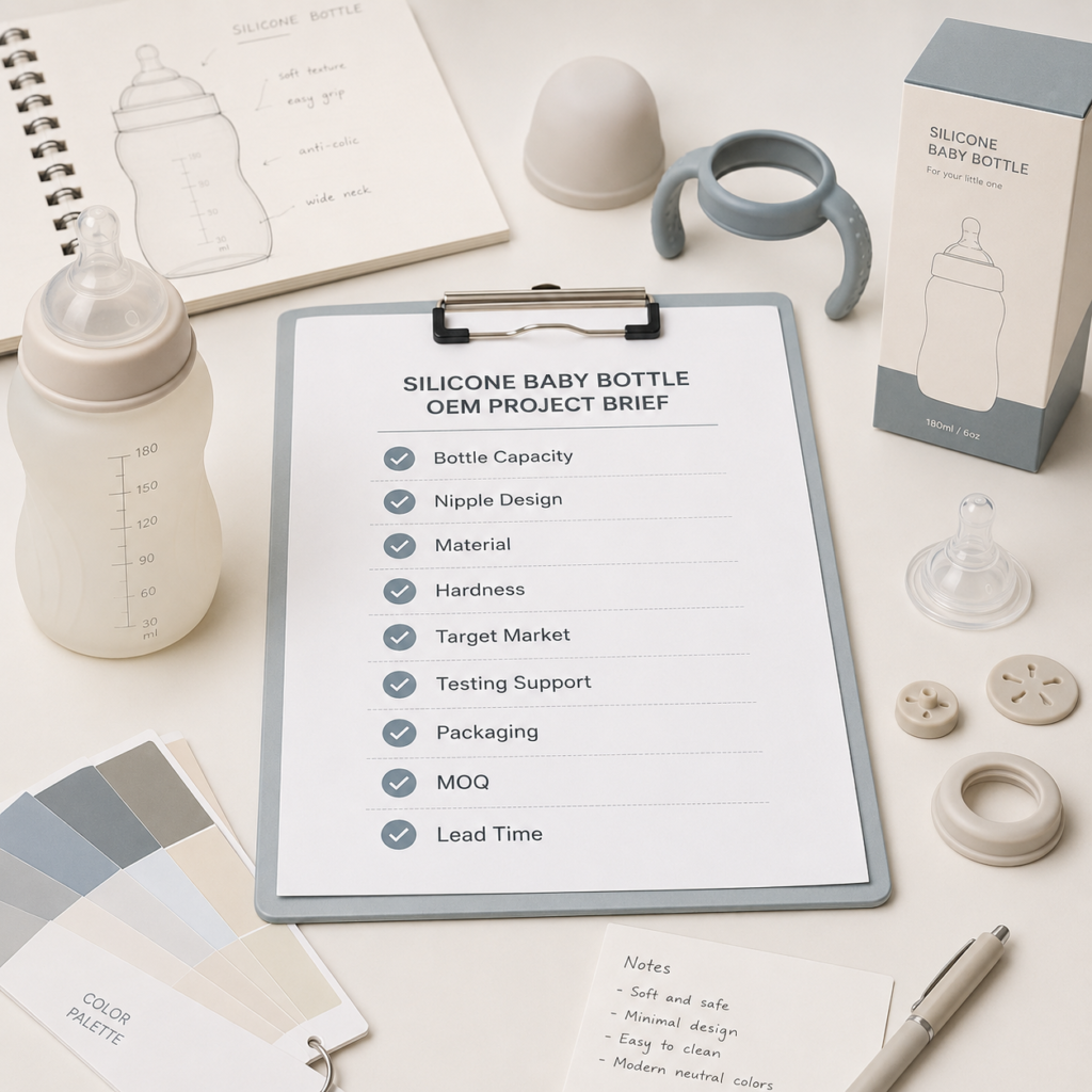 Silicone baby bottle OEM manufacturer project checklist for bottle capacity nipple design material and packaging