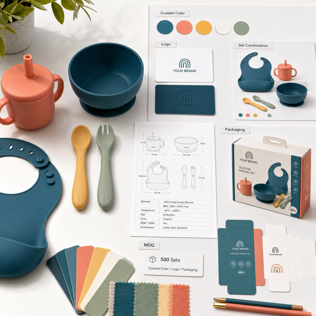 Silicone baby feeding accessories supplier OEM customization for colors logos set combinations and packaging