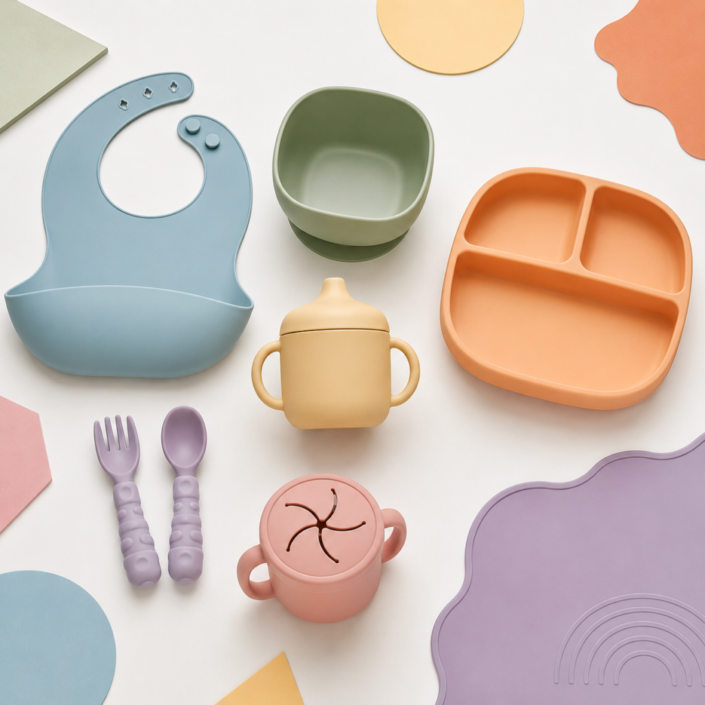 Silicone baby feeding accessories product range with bib bowl cup spoon set plate and snack cup