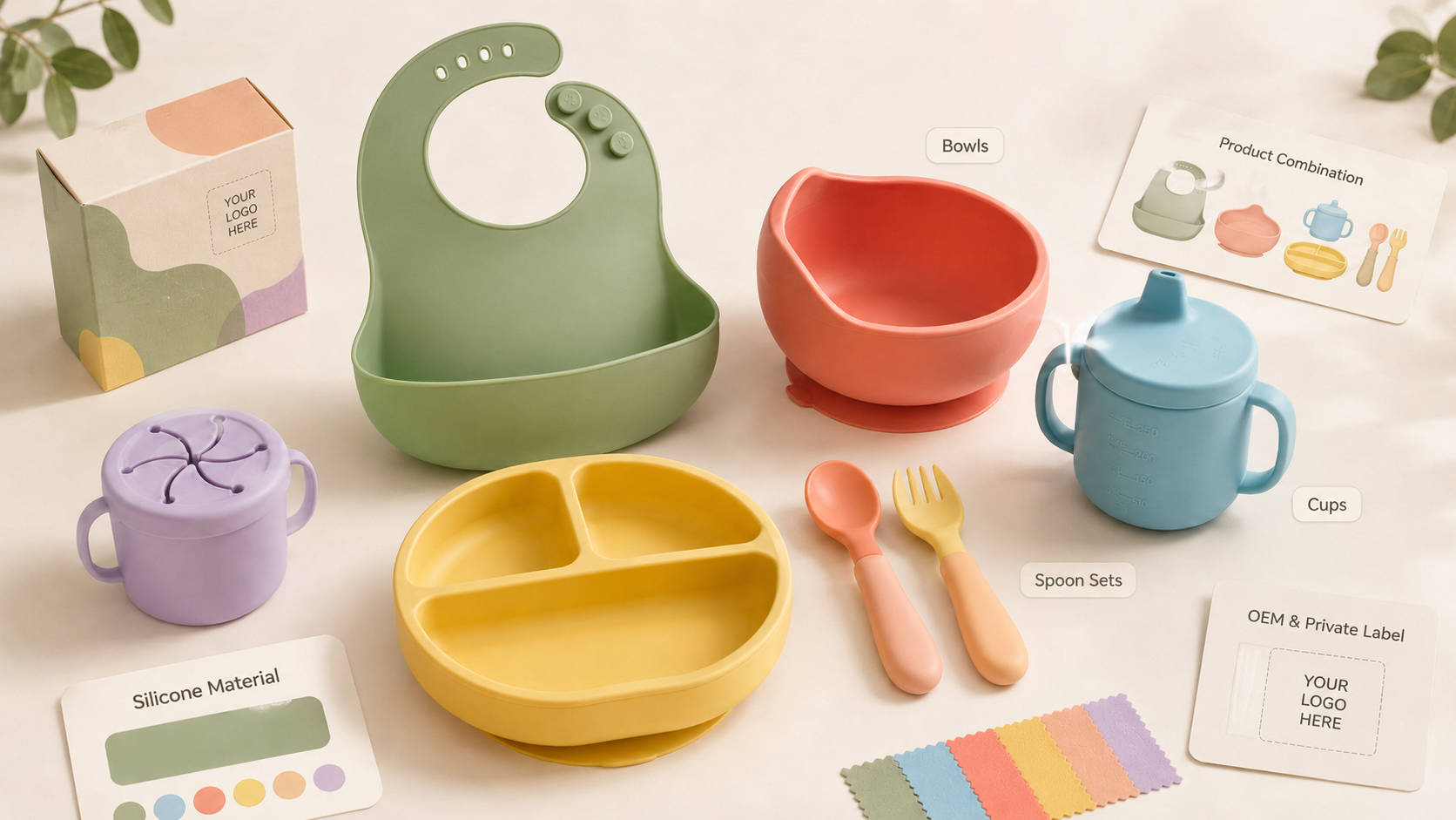 Silicone baby feeding accessories supplier showing colorful bibs bowls cups and spoon sets for OEM buyers