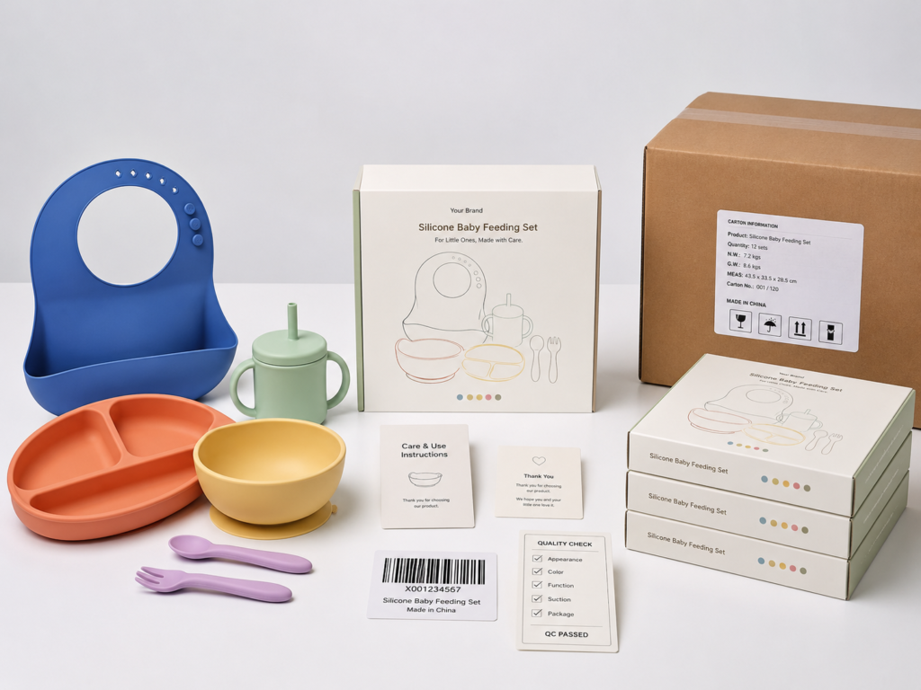 Market-ready silicone baby feeding set with private label packaging barcode quality approval and shipment preparation