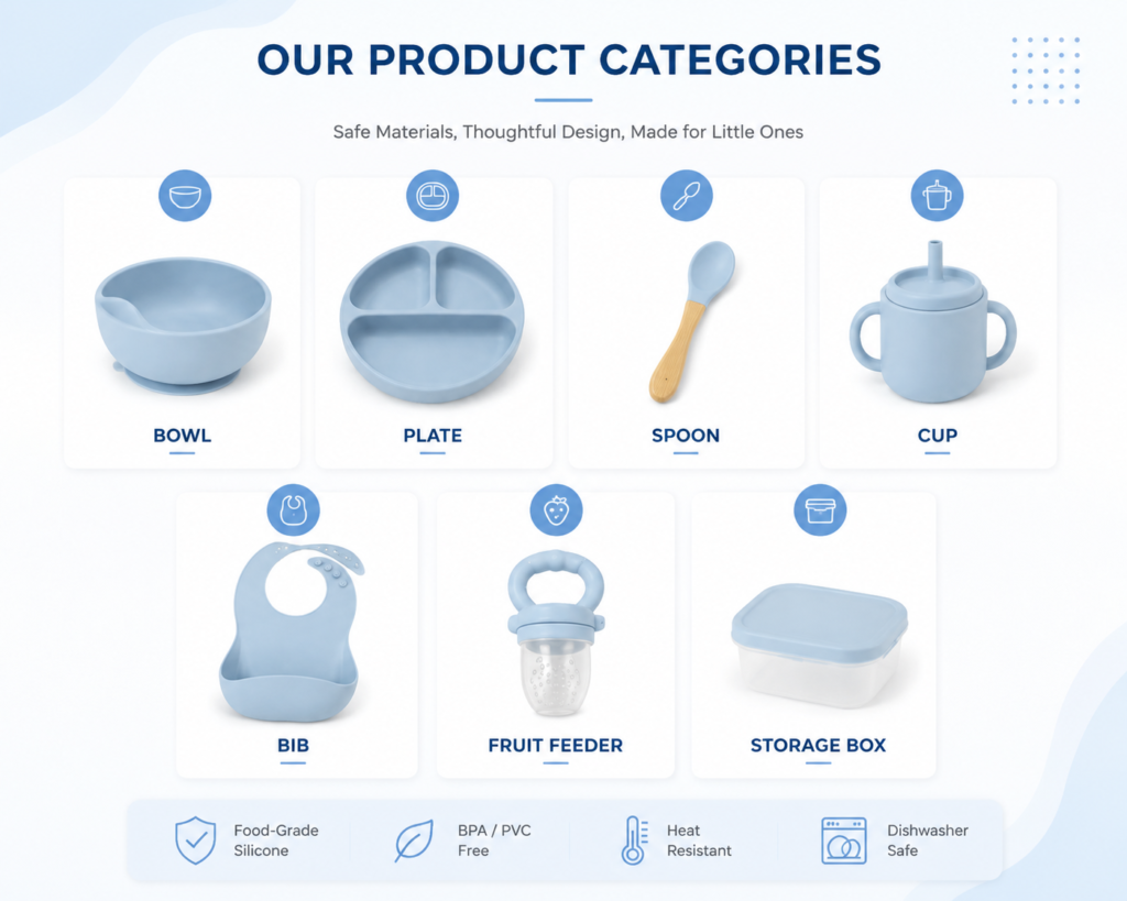 Silicone baby feeding set products including bowl plate spoon cup bib and fruit feeder