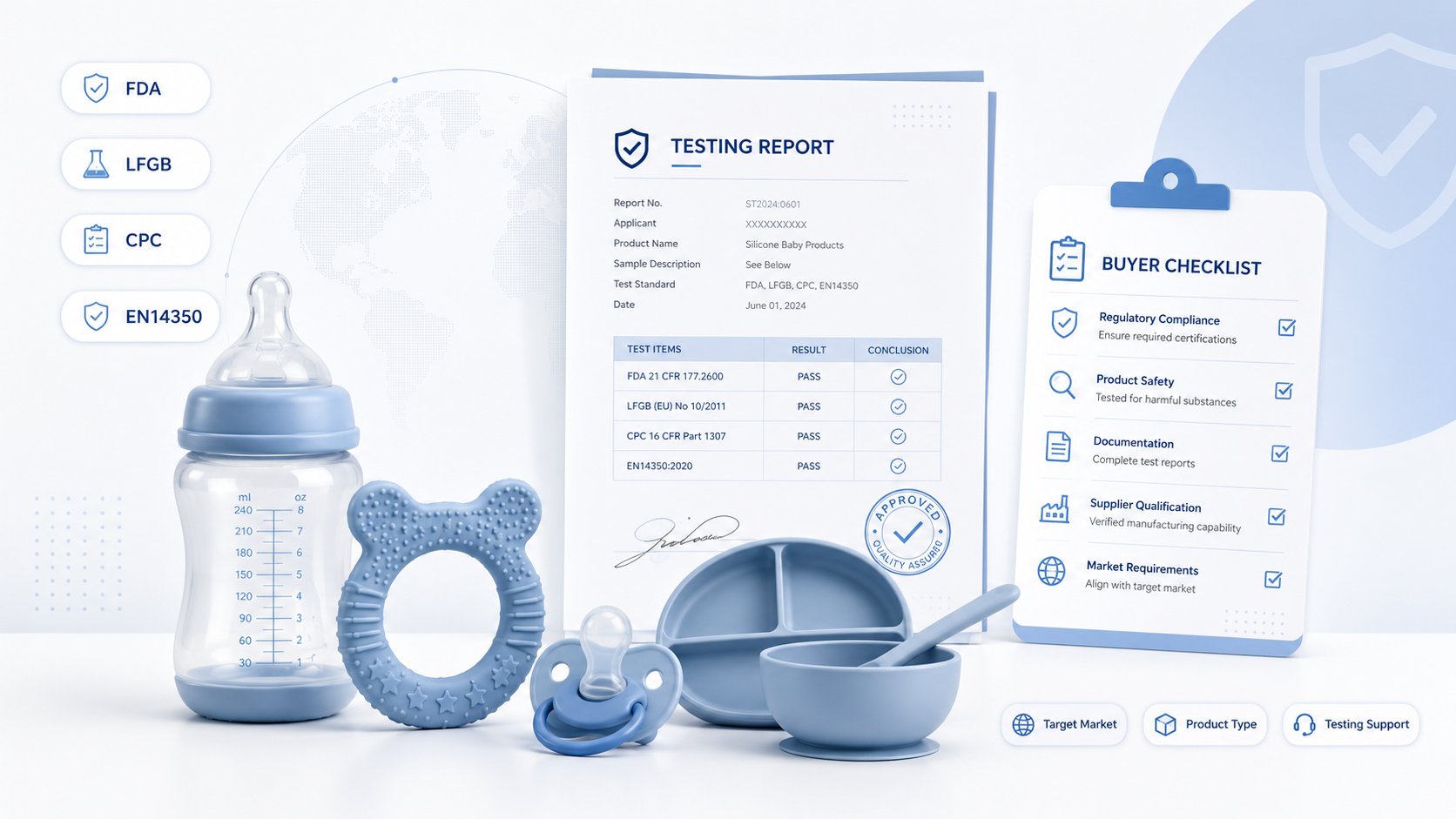 Silicone baby product certifications including FDA LFGB CPC and EN14350 testing support