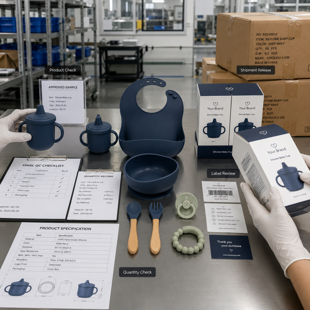 Silicone baby product final inspection for product appearance quantity packaging labels and shipment cartons