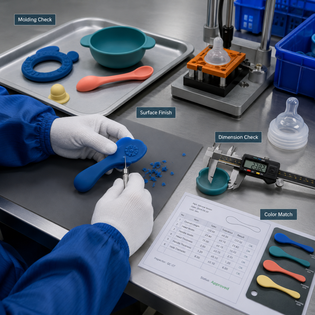 In-process silicone baby product quality control for molding trimming dimensions color and surface inspection