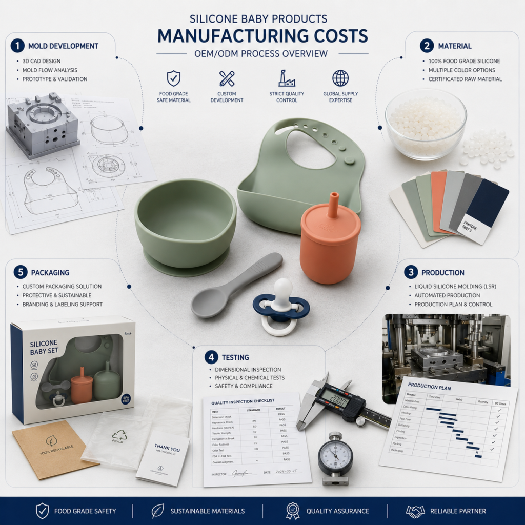 Silicone baby product manufacturing cost factors including mold material production testing and packaging.