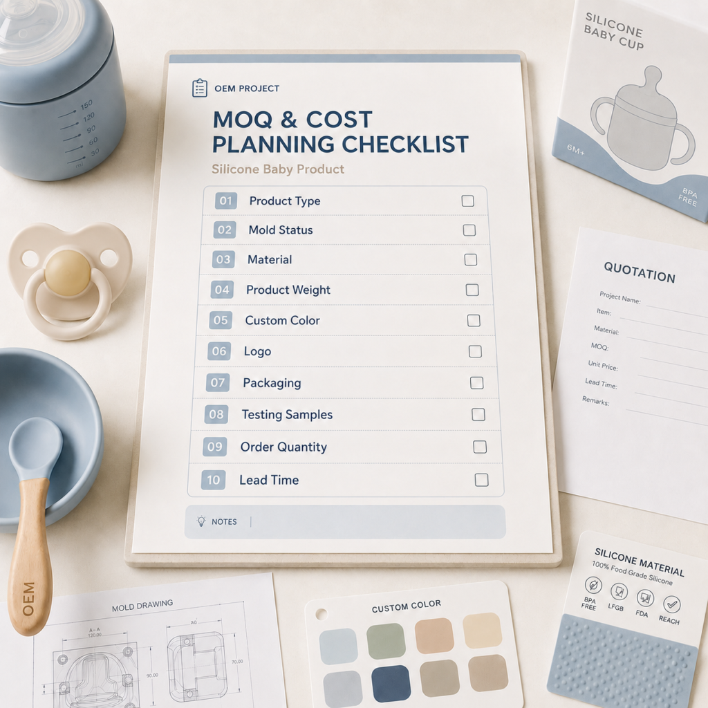 Silicone baby product manufacturing MOQ checklist for molds material packaging color and order quantity