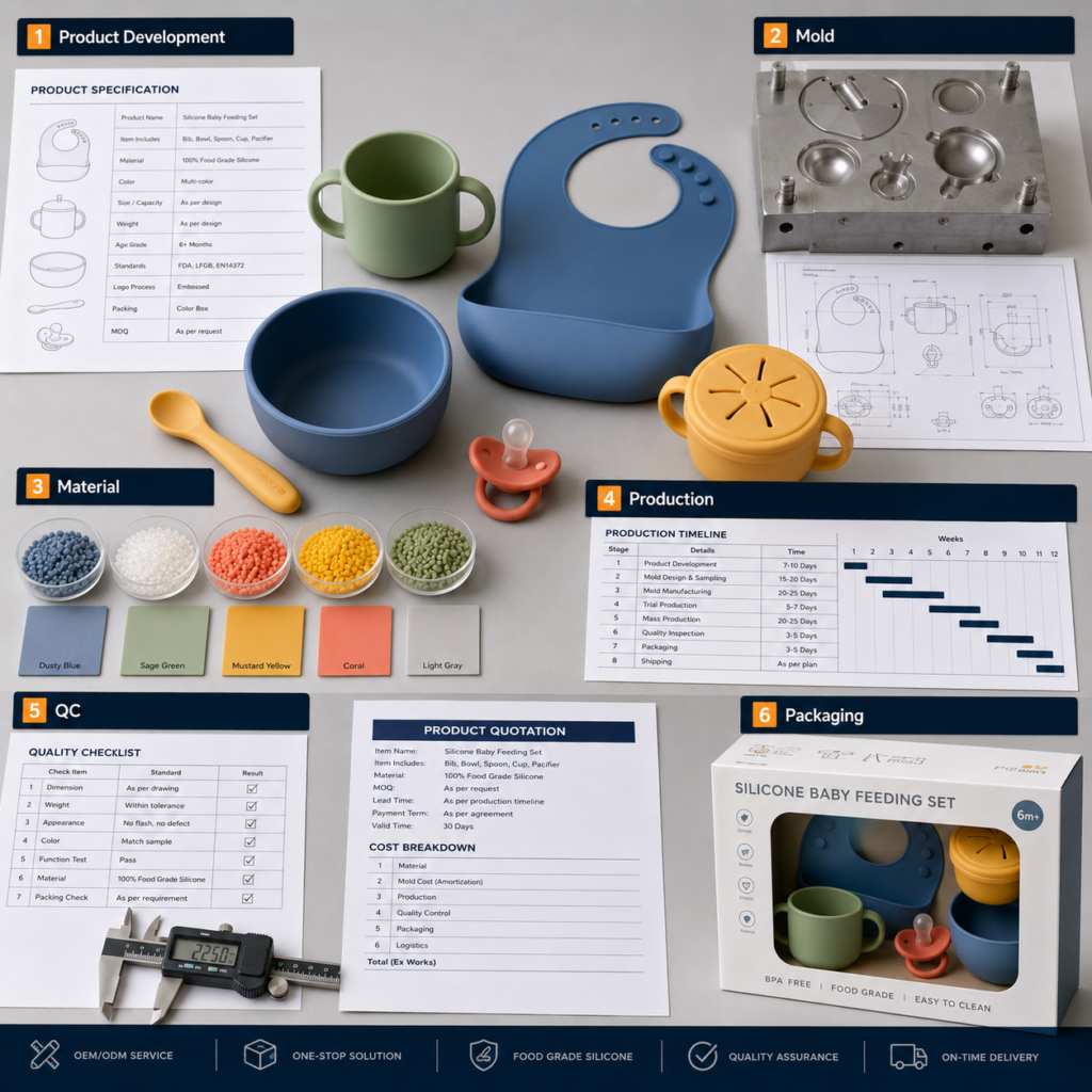 Silicone baby product OEM cost breakdown showing mold production packaging and quality control stages.