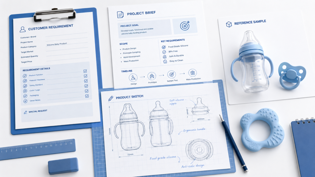 Silicone baby product OEM requirements including product idea target market material and packaging