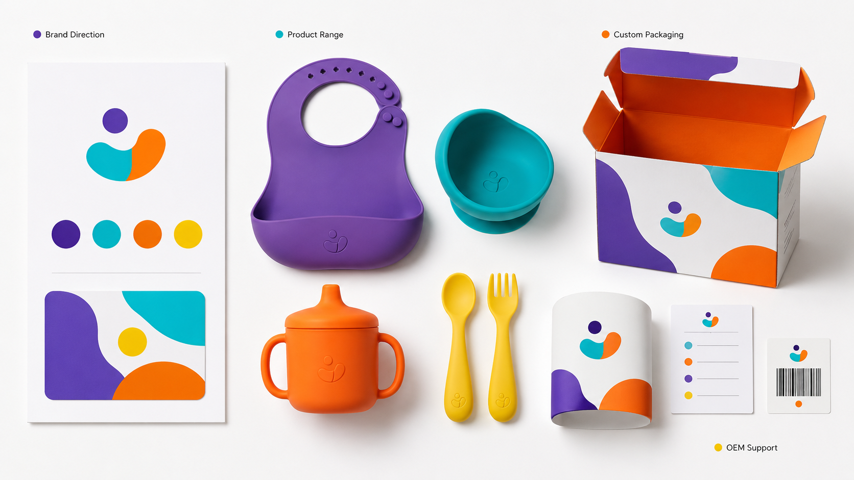 Silicone baby product packaging customization with branded color box labels artwork and OEM product set