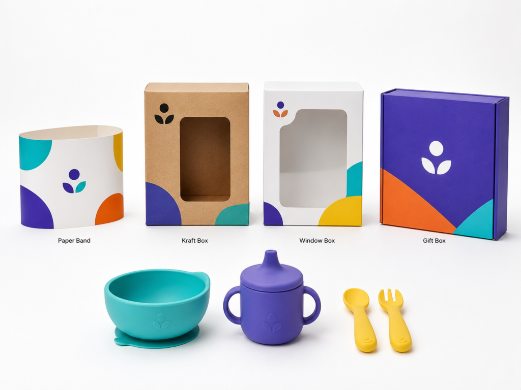 Silicone baby product packaging options including paper band kraft box window box and gift box