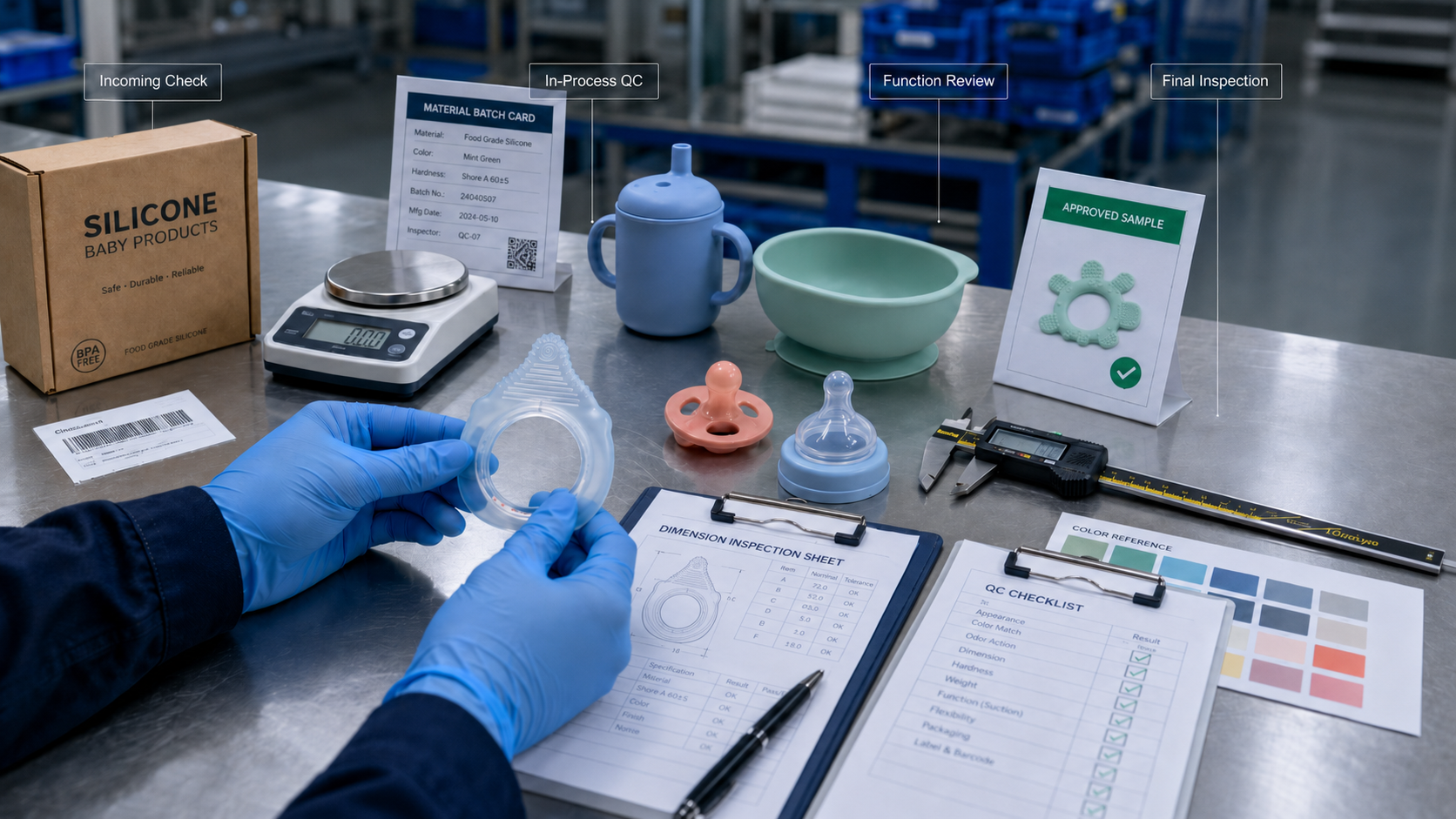 Silicone baby product quality control with material inspection molding checks dimension testing and packaging review
