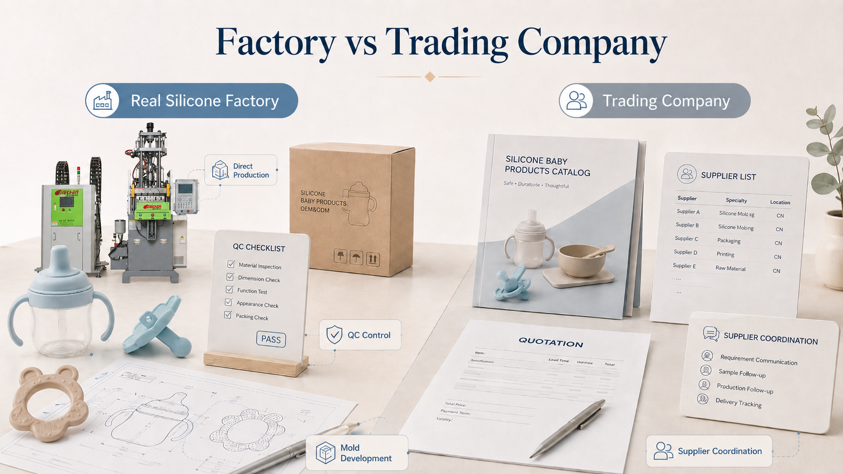 Silicone baby products factory vs trading company comparison for OEM baby product sourcing