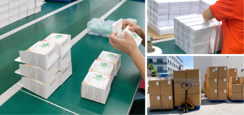 Silicone baby products packing and shipment process with retail boxes and bulk cartons
