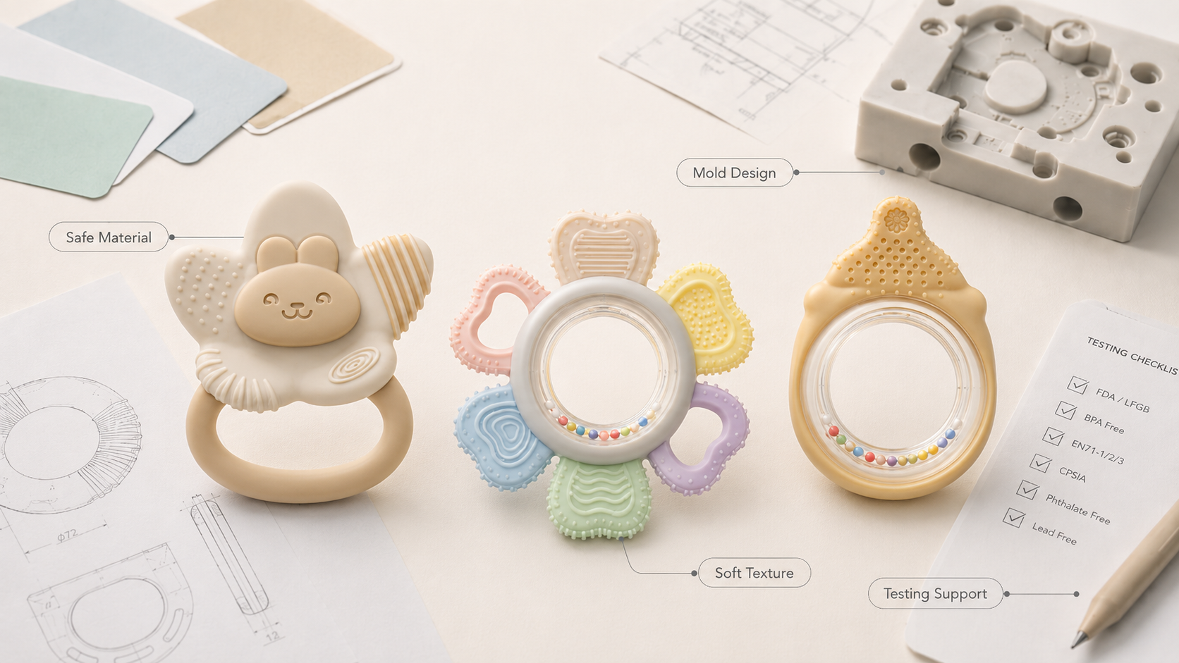 Silicone baby teether manufacturer guide for safe materials mold design and testing support