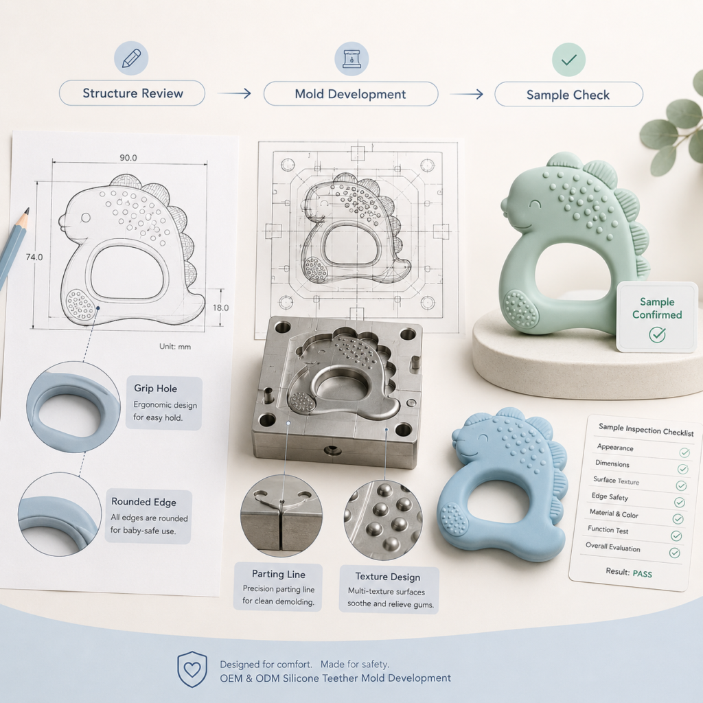 Silicone baby teether manufacturer mold design for structure review texture and sample check