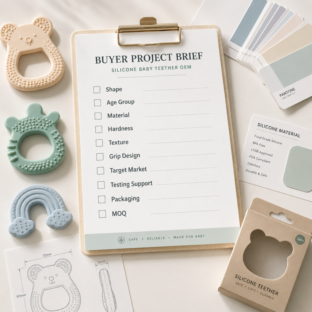 Silicone baby teether manufacturer project checklist for material hardness texture mold design and packaging
