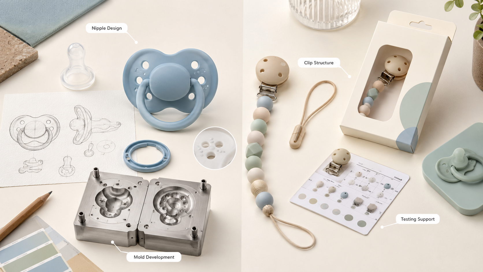 Silicone pacifier manufacturer guide for nipple design mold development and custom pacifier clip OEM