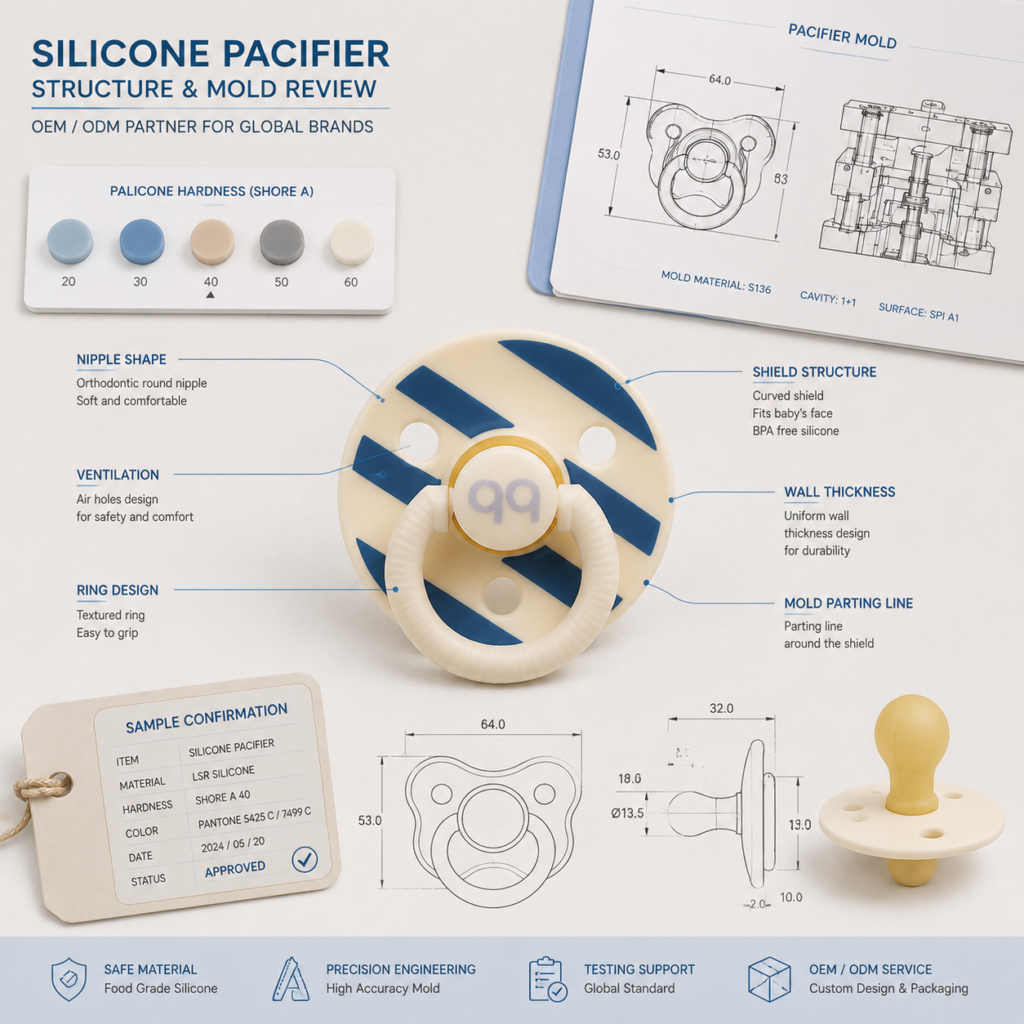 Silicone pacifier manufacturer structure review for nipple shield ventilation ring and mold design