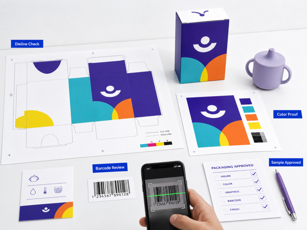 Silicone baby product packaging artwork approval with dieline print sample barcode instruction card and QC checklist