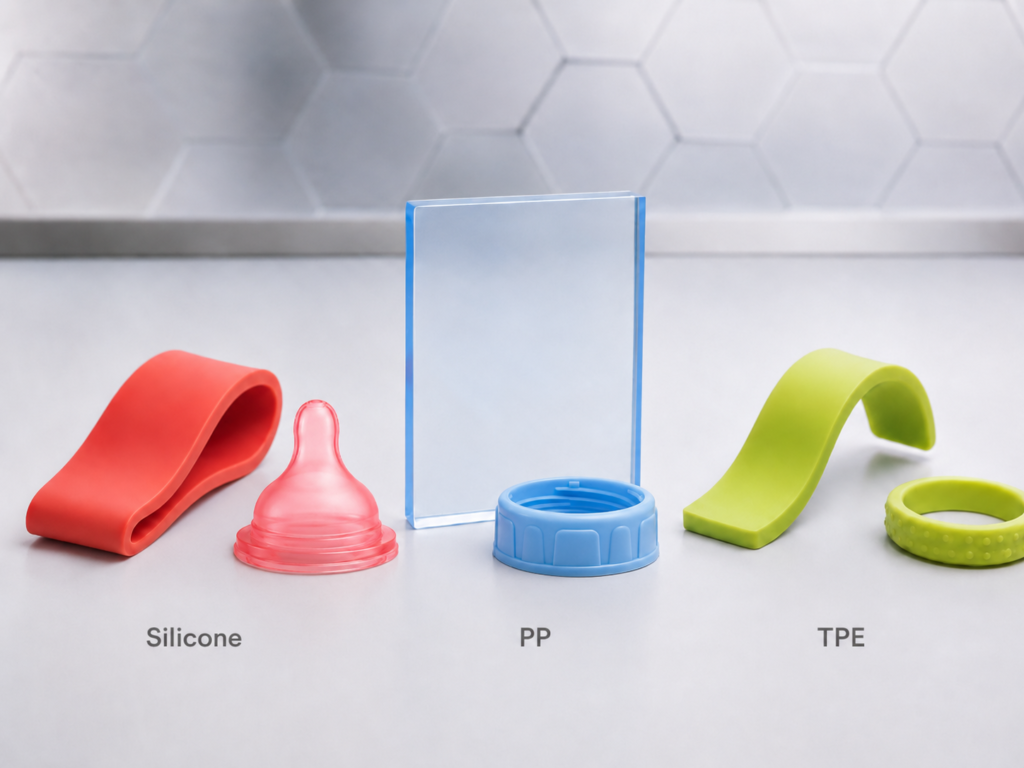 Silicone PP and TPE material comparison showing flexible silicone rigid polypropylene and soft thermoplastic elastomer samples