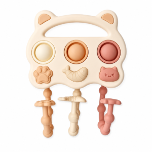 Cat-shaped silicone pull string teether toy with pop buttons and three textured pull cords
