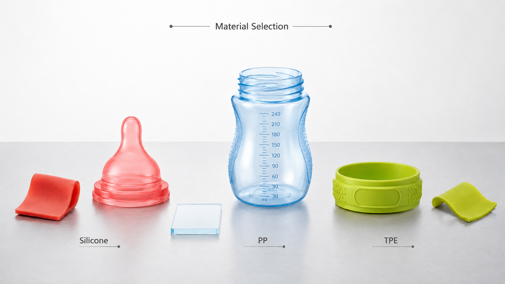 Silicone vs PP vs TPE baby products material comparison with soft nipple rigid bottle body and flexible grip component